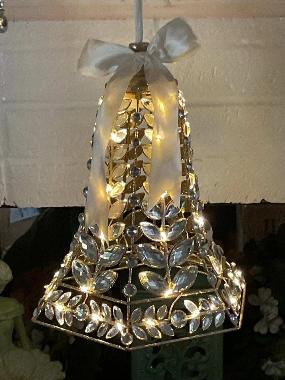 Crystal Leaf Holiday Bell String Light with Ivory Bow